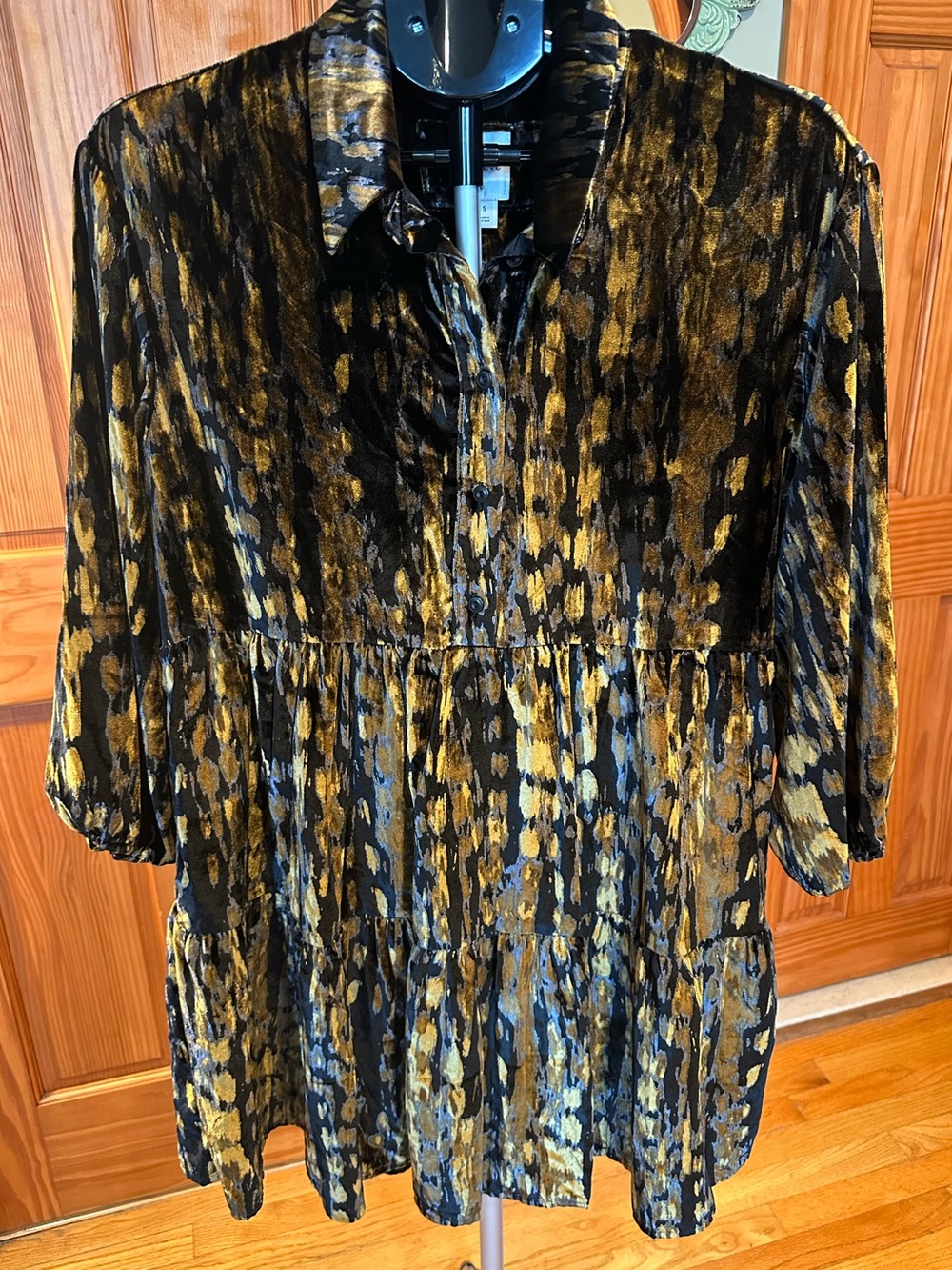 Maeve Black and Gold Velvet-Effect Baby Doll Dress